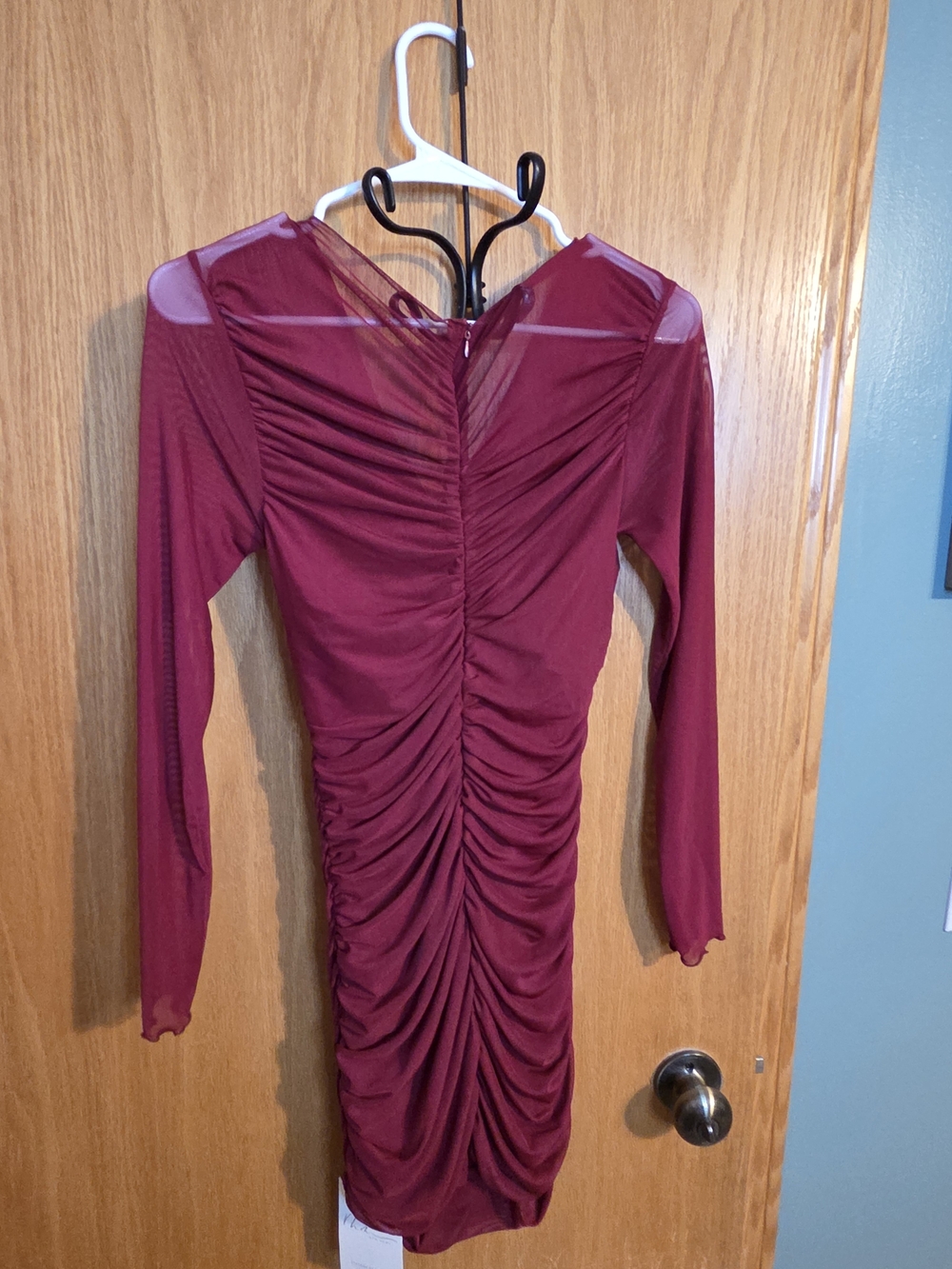Ruched Long-Sleeve Bodycon Dress in Burgundy